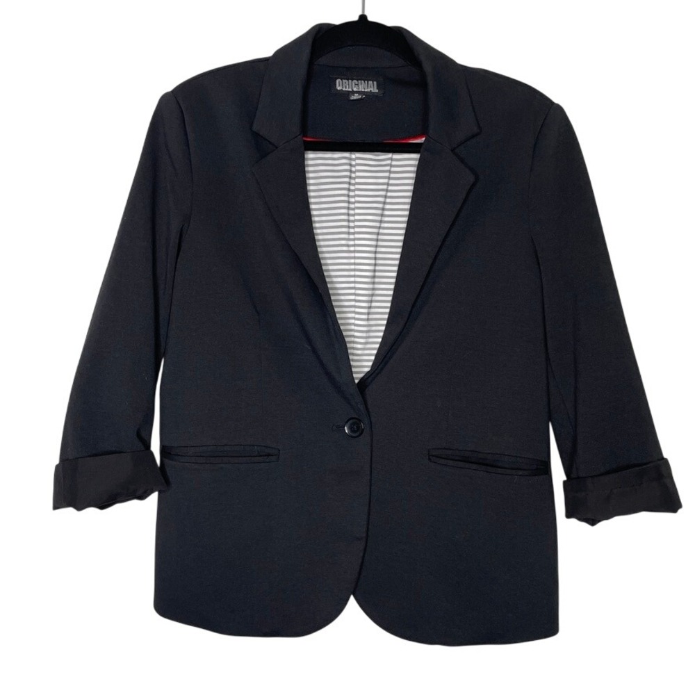 Nicole Miller Original Blazer Womens Sz M Black 3/4 Sleeve Striped Lining Office - Picture 2 of 11